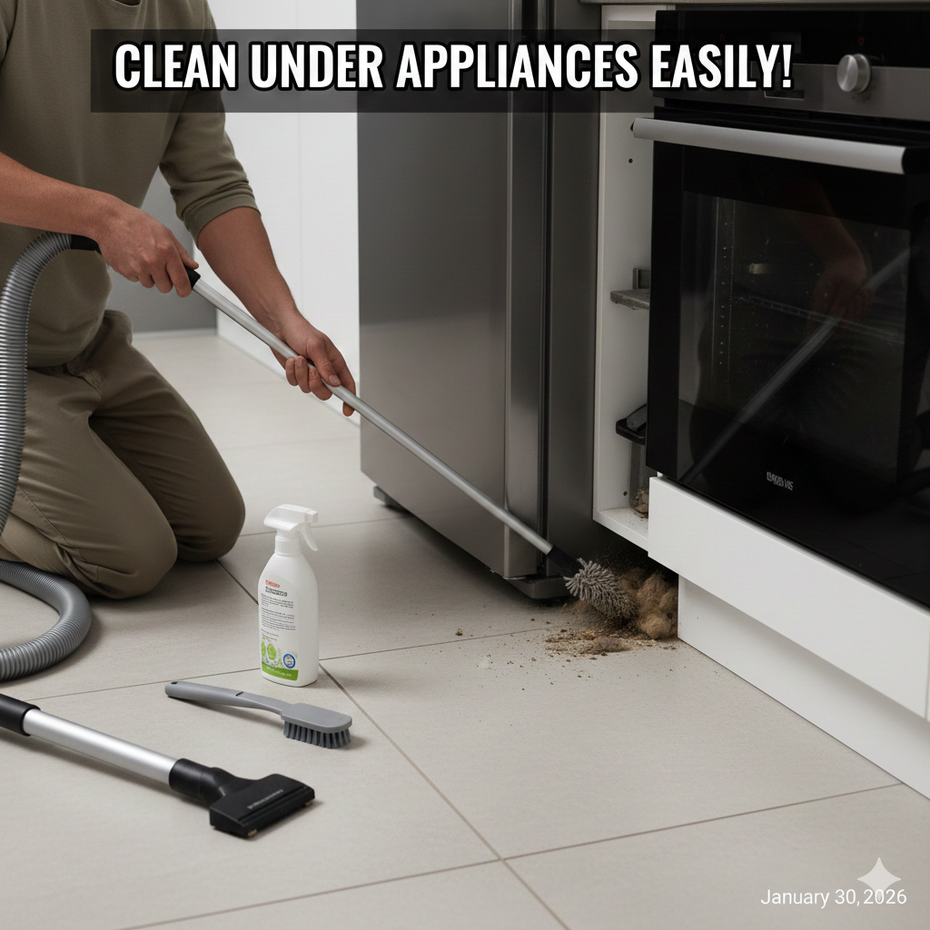 cleaning under appliances with a telescopic microfiber duster
