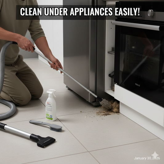 cleaning under appliances with a telescopic microfiber duster