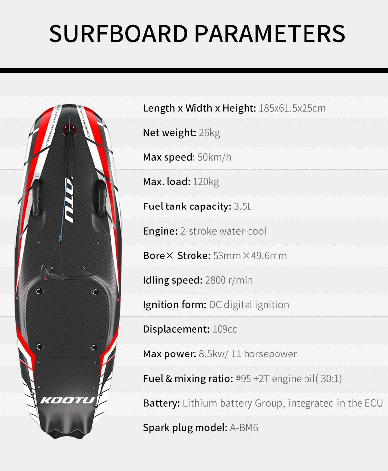 KOOTU Fuel Surfboard Summer Jet Surfboards Lightweight Carbon Fiber Surfboards with 109cc Engine Electric Surfboards